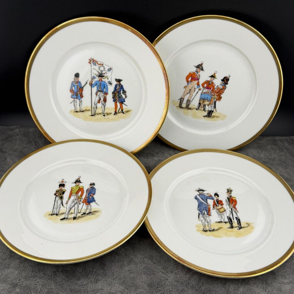 4 Suisse Langenthal Wall Porcelain Plates Hand-Painted Gold Soldier Uniform 6"